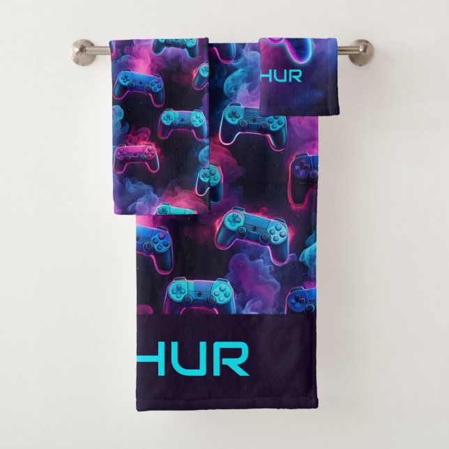Boys Personalized Gamer Pattern Bath Towel Set (Insitu)