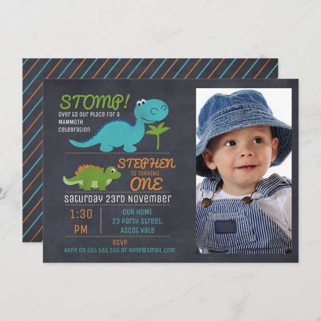 Boys Photo Chalkboard Dinosaur Birthday Invitation (Front/Back)