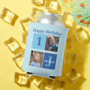 Boys Photo Collage Custom Blue Kids Birthday Party Can Cooler