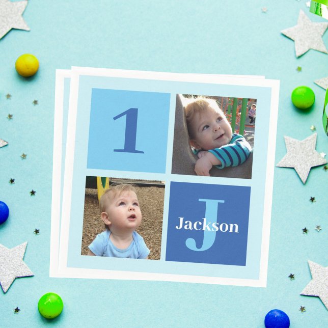 Boys Photo Collage Custom Blue Kids Birthday Party Napkin (Creator Uploaded)
