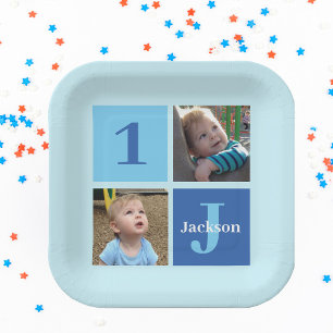 Boys Photo Collage Custom Blue Kids Birthday Party Paper Plate