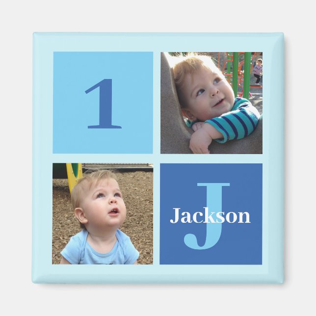 Boys Photo Collage Custom Blue Kids Photograph Magnet (Front)