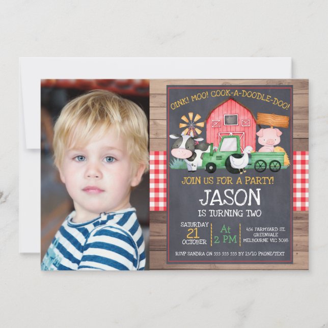 Boys Photo Farm Green Tractor Chalkboard Birthday Invitation (Front)