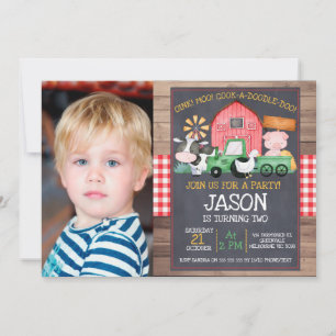 Boys Photo Farm Green Tractor Chalkboard Birthday Invitation
