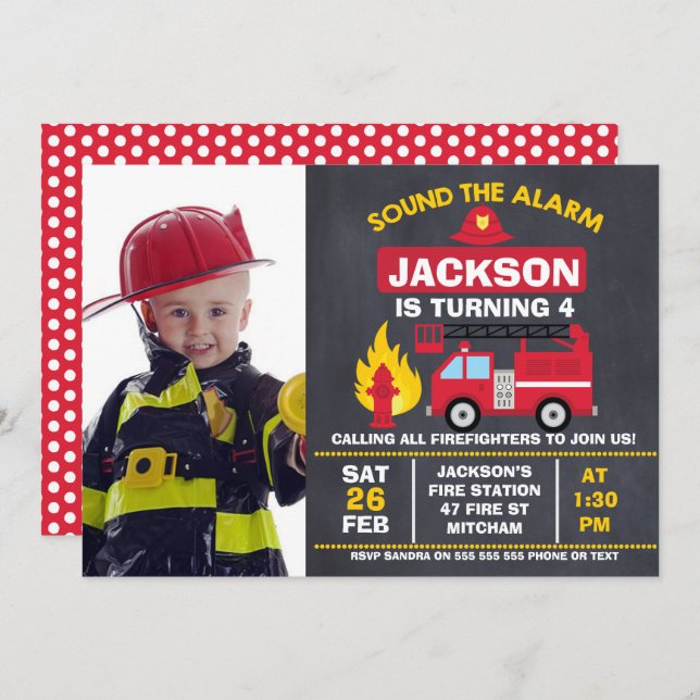 Boys Photo Fire Engine Birthday Invitation (Front/Back)