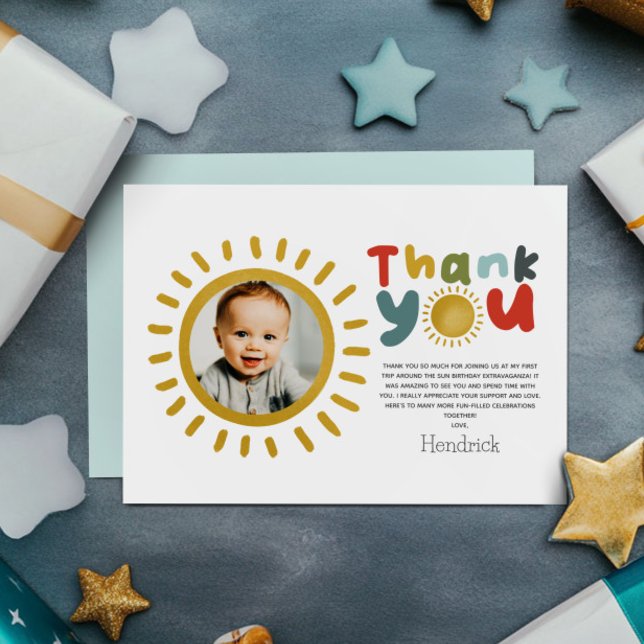 Boys Photo First Trip Around The Sun Birthday Thank You Card (Creator Uploaded)