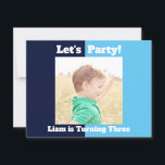 Boys Photo Kids Birthday Party Blue Colour Block Invitation<br><div class="desc">Order these cute personalised kids birthday invitations with customisable fields on the back of the card for your child's party location, date, and time. Insert your own child's photograph on top of the cool navy blue and baby blue colour blocks. Add their party information on the back of this chic...</div>
