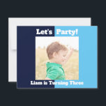 Boys Photo Kids Birthday Party Blue Colour Block Invitation<br><div class="desc">Order these cute personalised kids birthday invitations with customisable fields on the back of the card for your child's party location, date, and time. Insert your own child's photograph on top of the cool navy blue and baby blue colour blocks. Add their party information on the back of this chic...</div>