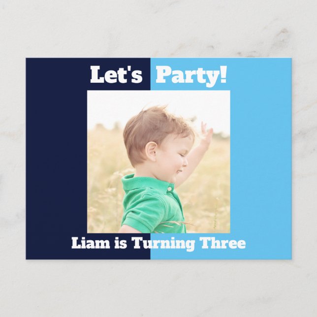Boys Photo Kids Birthday Party Blue Colour Block Invitation Postcard (Front)