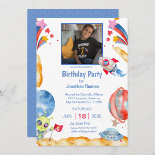 Boys Photo Outer Space Astronaut Blue Red Invitation
