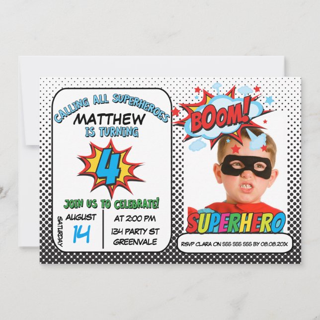 Boys Photo Superhero 4th Birthday Invitation (Front)