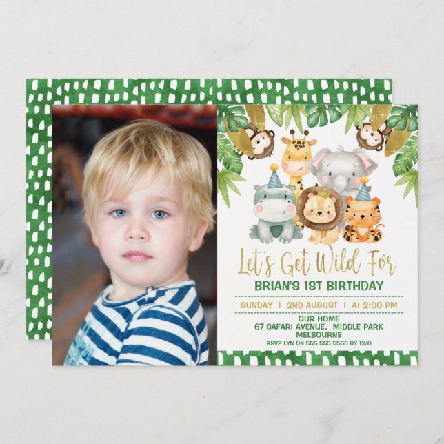 Boys Photo Wild One Safari 1st Birthday Invitation (Front/Back)