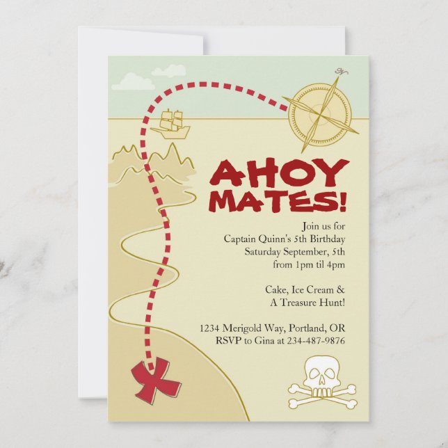 Boys Pirate Map & Pirate Ship Invitations (Front)