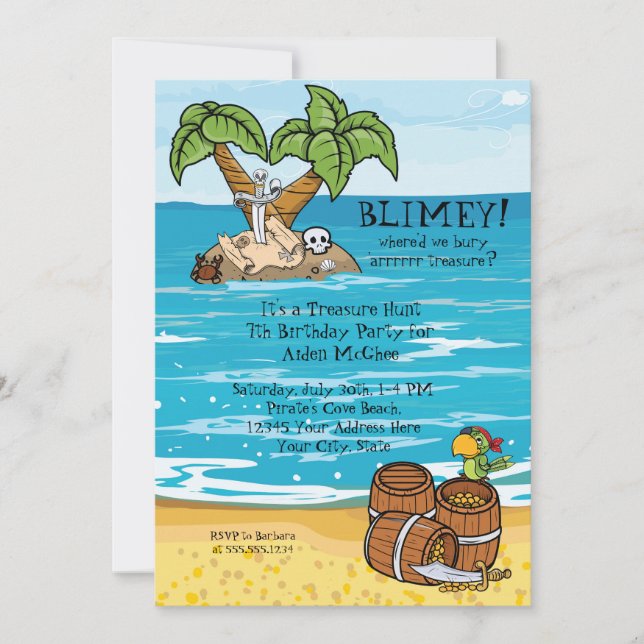 Boys Pirate Treasure Hunt Birthday Party Invite (Front)