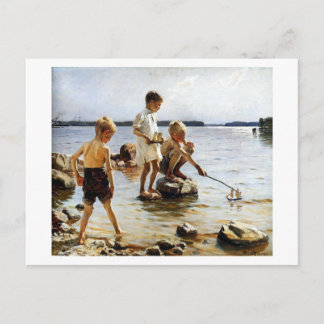 Boys playing at the beach postcard