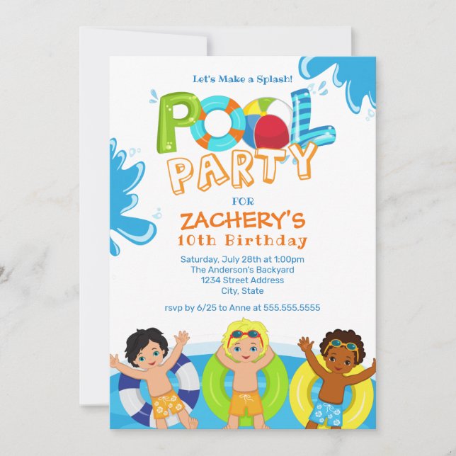 Boys Pool Party 10th Birthday Invitation (Front)