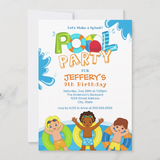 Boys Pool Party 9th Birthday Invitation (Front)