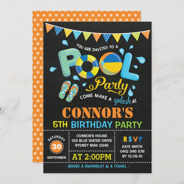 Boys Pool Party Birthday Chalkboard Invitation (Front/Back)