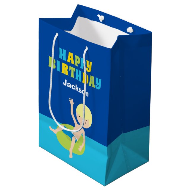 Boys Pool Party Custom Kids Birthday Medium Gift Bag (Front Angled)