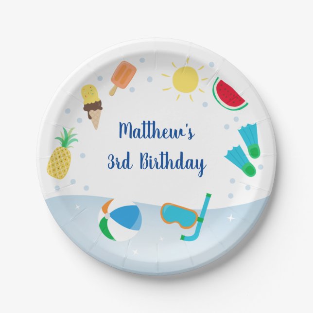 Boys Pool Party Ice Cream Sunshine Birthday Paper Plate (Front)
