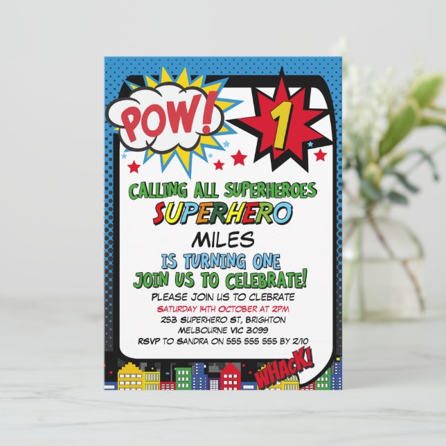 Boys Pow Blue Red Superhero 1st Birthday  Invitation (Standing Front)