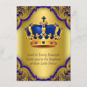 Boys Prince Baptism Royal Blue and Gold Crown Invitation
