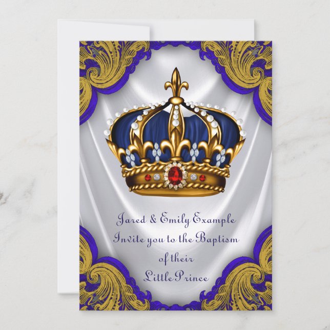 Boys Prince Baptism Royal Blue Gold Ruby Crown Invitation (Front)