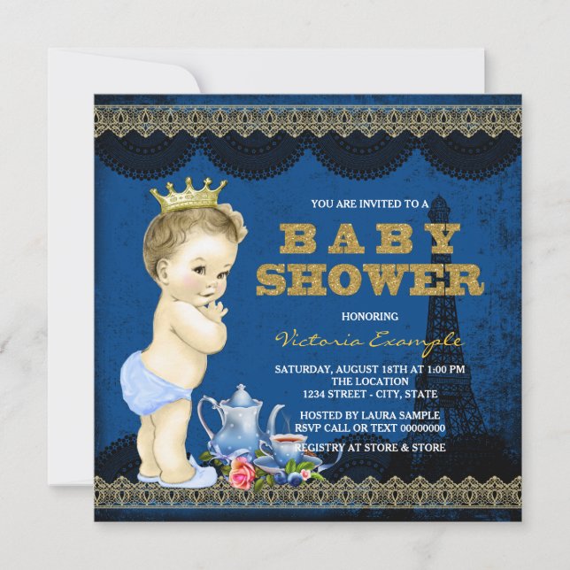 Boys Prince Paris Tea Party Baby Shower Royal Blue Invitation (Front)