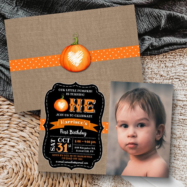 Boy's Pumpkin 1st Birthday Photo Invitation (Creator Uploaded)