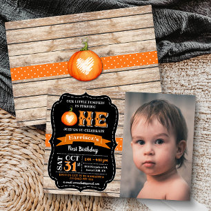 Boy's Pumpkin Halloween 1st Birthday Photo Invitation