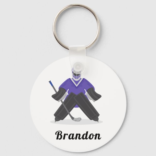 Boys Purple Ice Hockey Player & Name Winter Sports Key Ring (Front)