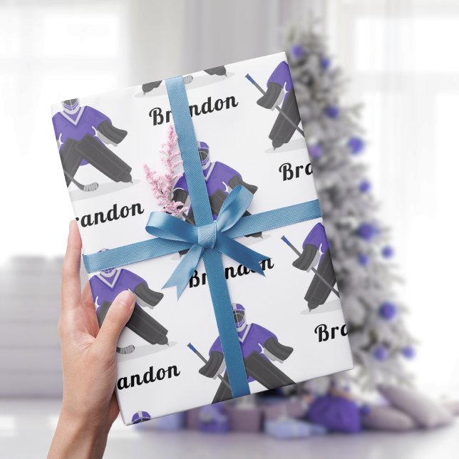 Boys Purple Ice Hockey Player & Name Winter Sports Wrapping Paper (Creator Uploaded)