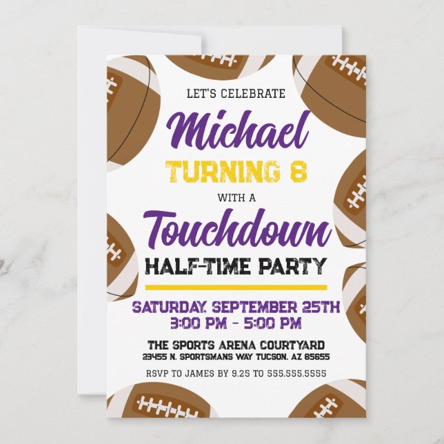 Boys Purple Yellow Football Team Birthday Party Invitation (Front)