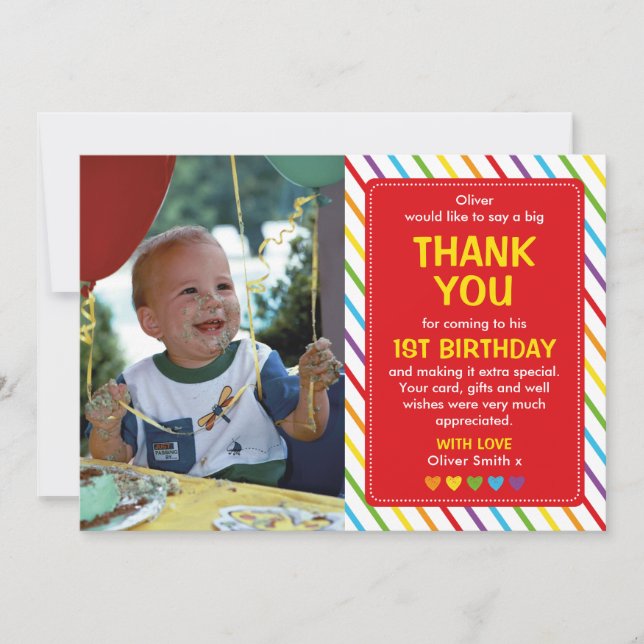Boys rainbow birthday thank you card (Front)