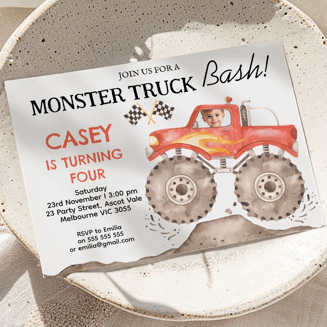Boys Red Monster Truck Bash Birthday Invitation (Monster Truck Bash Birthday Invitation Boy, Red Monster Truck Birthday Invitation Any Age, Photo)
