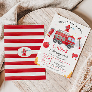 Boys Red Sound The Alarm Fire Truck Birthday Invitation