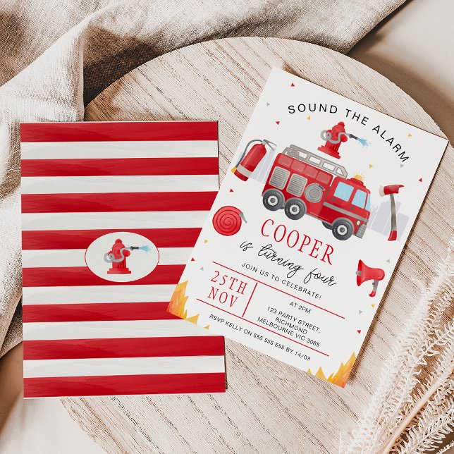 Boys Red Sound The Alarm Fire Truck Birthday Invitation (Fire Truck Birthday Invitation, Fire Truck Invitation Template, Sound The Alarm Invitation, Boys)