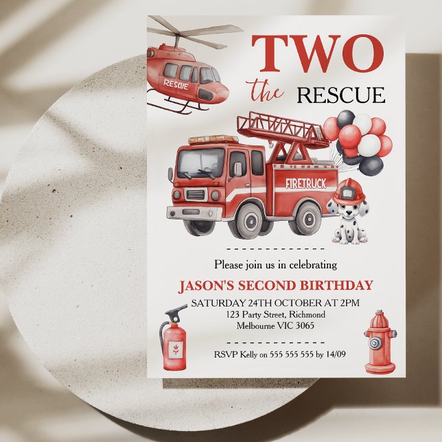 Boys Red Two The Rescue Fire Truck Birthday  Invitation (Two The Rescue Invitation, Fire Truck Birthday Invitation, Boys 2nd Birthday Invite, Dalmatian)