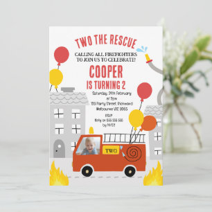 Boys Red Two The Resue Fire Engine 2nd Birthday Invitation