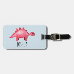 Boys Red Watercolor Dinosaur and Name Kids Luggage Tag