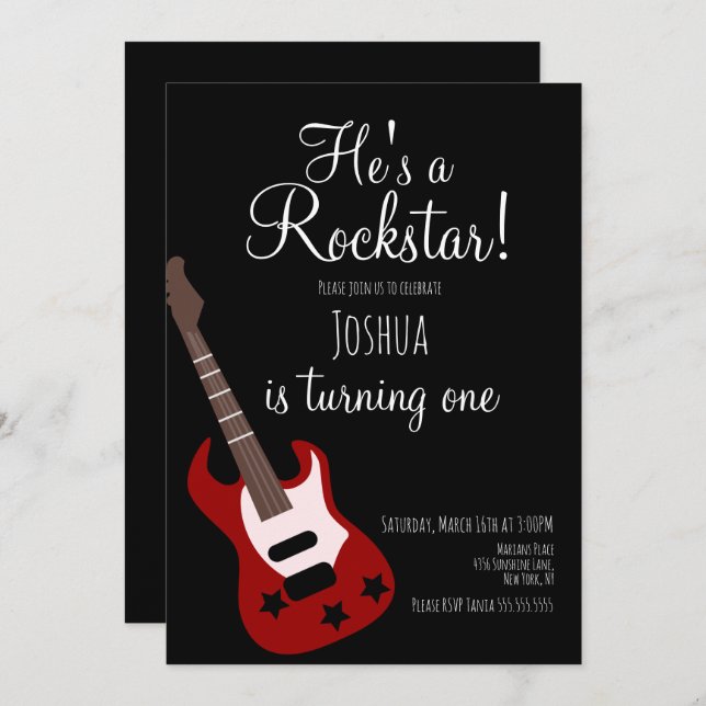 Boys Rockstar Guitar Star Rock Birthday Party  Invitation (Front/Back)
