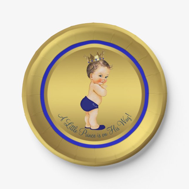 Boys Royal Blue Gold Prince Baby Shower Paper Plate (Front)