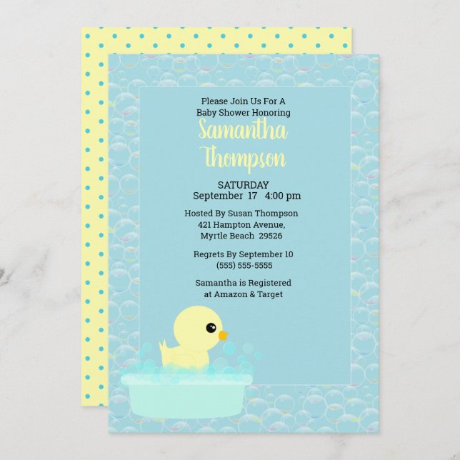 Boys Rubber Ducky Baby Shower Invitations (Front/Back)