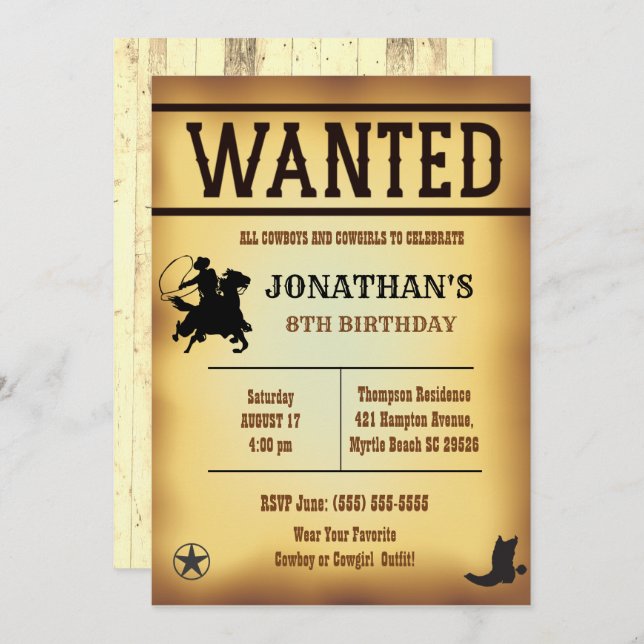 Boys Rustic Brown Yellow Wanted Birthday    Invitation (Front/Back)