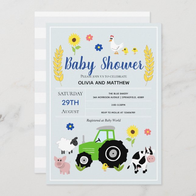 Boys Rustic Country Farm Green Tractor Baby Shower Invitation (Front/Back)