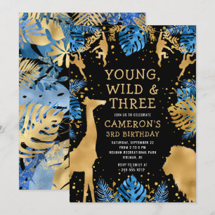 Boys Safari 3rd Birthday Party Blue Gold Black Invitation