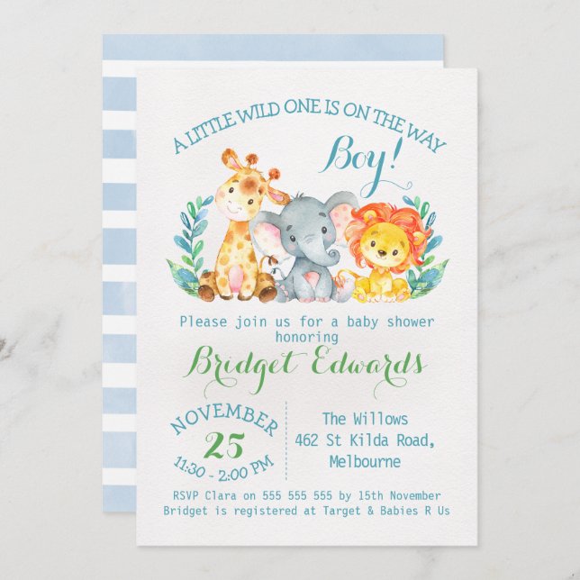 Boy's Safari Animals Baby Shower Invitation (Front/Back)