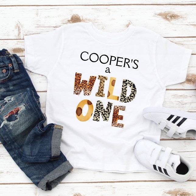 Boys Safari Print Wild One 1st Birthday   Toddler T-Shirt (Boy's Wild One First Birthday T-shirt Featuring Jungle Animals Skin Prints, Cheetah Print T-Shirt)