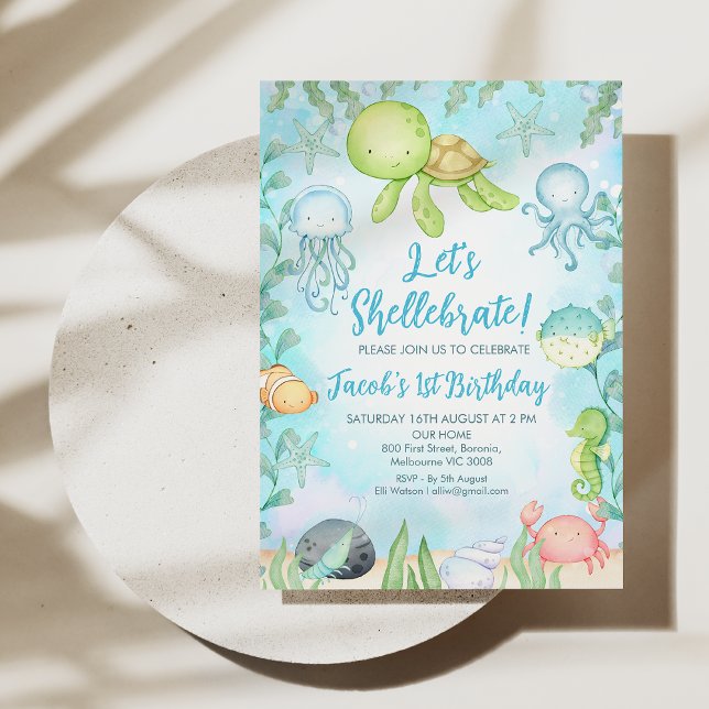 Boy's Shellebrate Sea Turtle Under Sea Birthday Invitation (Let's Shellebrate 1st Birthday Invitation Template, Under the Sea Birthday Invitation Boy, Turtle)