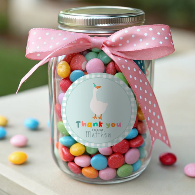 Boys Silly Goose First Birthday Gingham Favour Classic Round Sticker (Creator Uploaded)